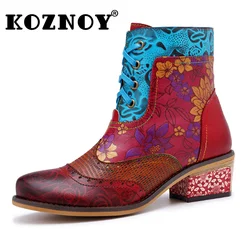 Koznoy kowbojki 5cm krowa prawdziwa skóra kostka masywne obcasy jesień wiosna kobiety Retro brytyjski styl etniczny ZIP buty w dużych rozmiarach