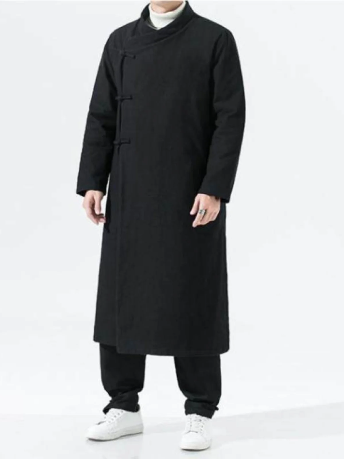 

Retro Chinese Hanfu Sle Long Cotton Jaet Men's Casual High Collar Warmth Insulation Cotton Linen Coat Button Closure