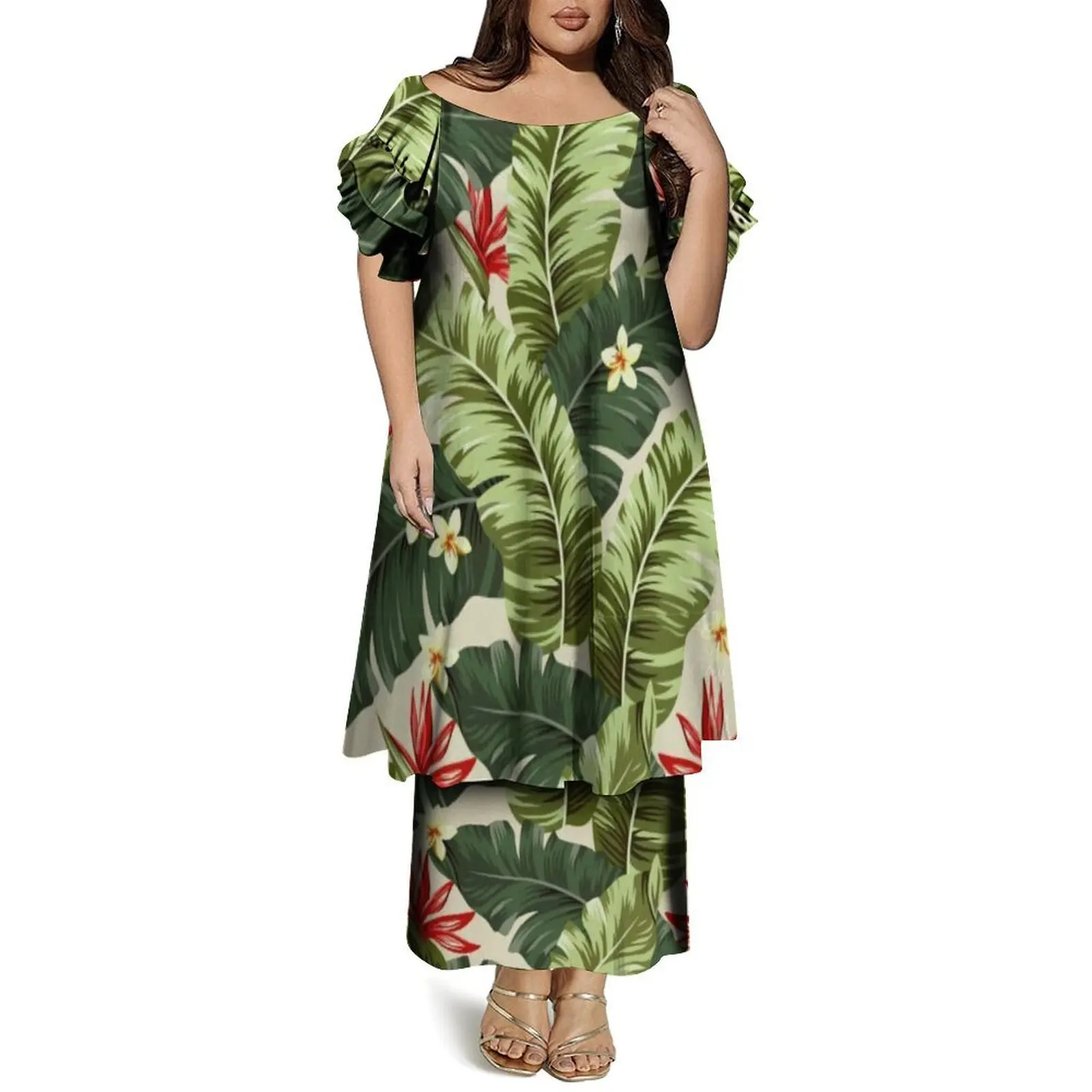 Manga borboleta em torno do pescoço manga dupla camada puletasi padrão floral personalizado solto vestido casual para mulher