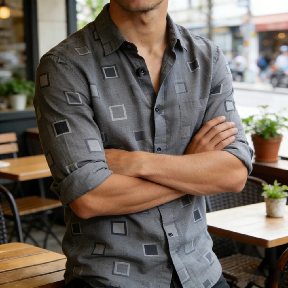 Chemise décontractée à manches longues pour hommes, en lin, motif géométrique foncé, rétro, vacances, Simple, Business, livraison rapide, 2026