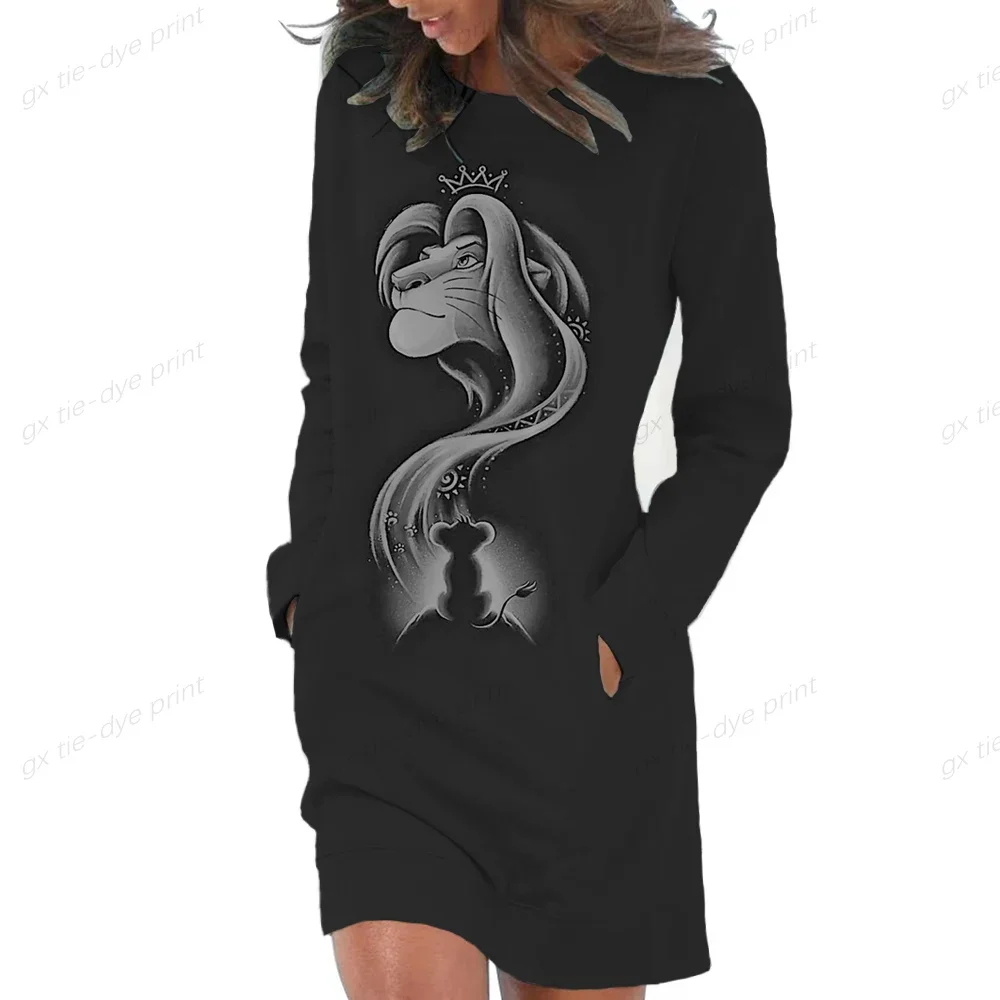 Disney Lion King Print Women\'s Long Sleeve Hooded Pockets Pullover Hoodie Dress Tunic Sweatshirt Sexy hip bag tight hoodie dress