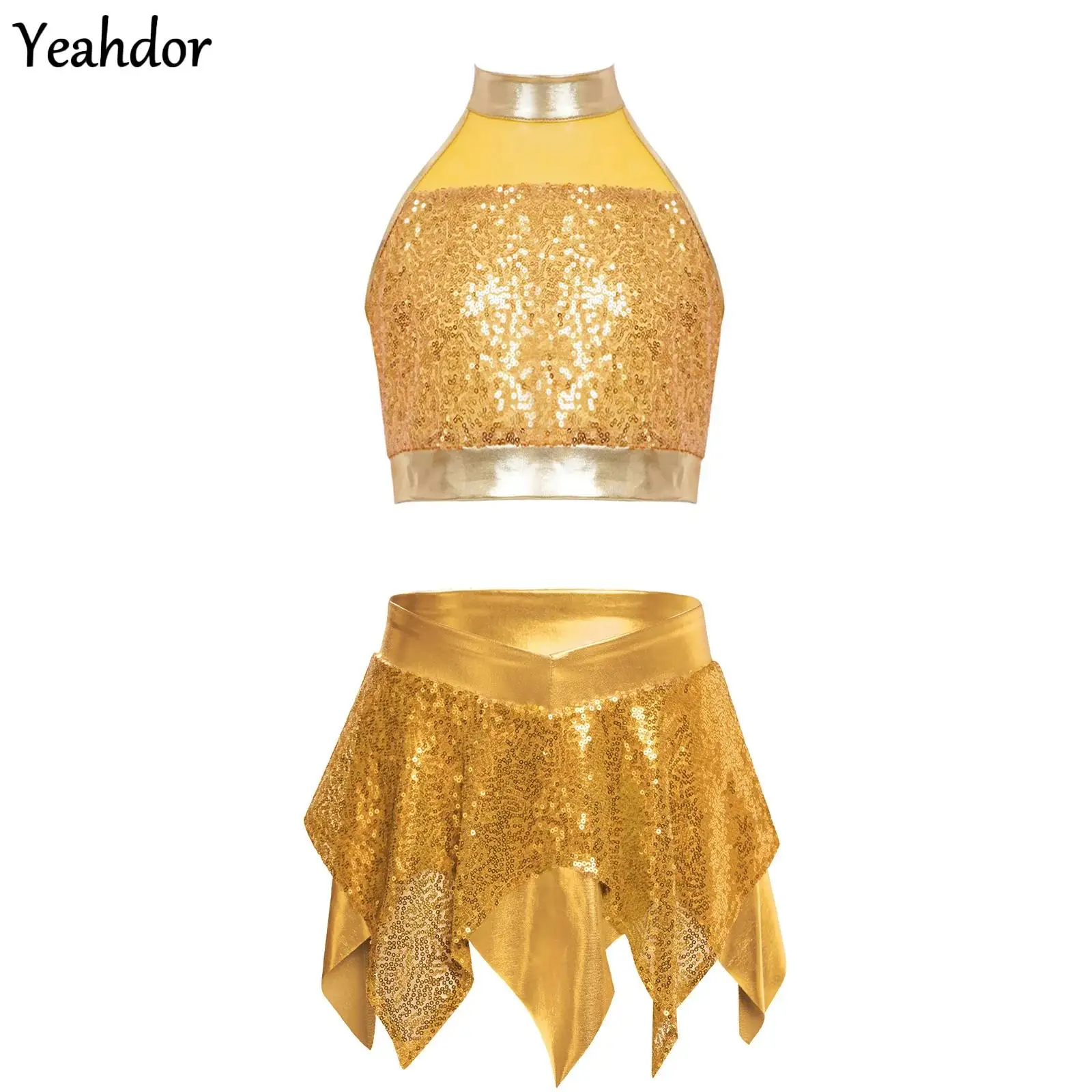 

Kids Girls Sequins Jazz Dance Outfit Sleeveless Sparkly Crop Top with Asymmetric Metallic Skirt Latin Gymnastic Ballet Dancewear