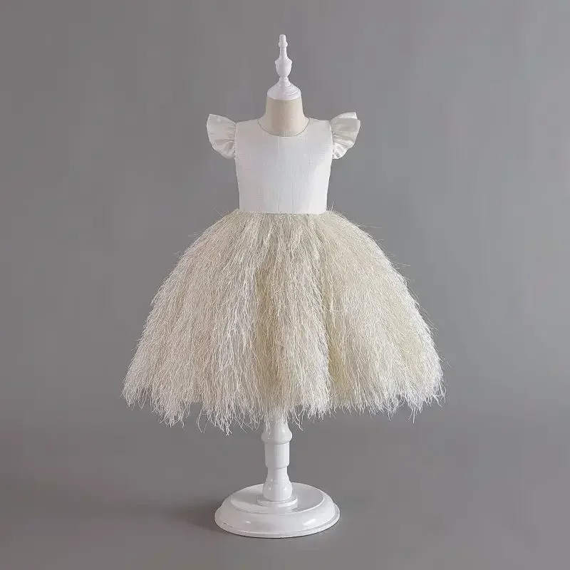 Fashion Baby Girl Feather Princess Tutu Dress Toddler Children Big Bow Vintage Vestido Party Birthday Pageant Ball Gown 2-14Y