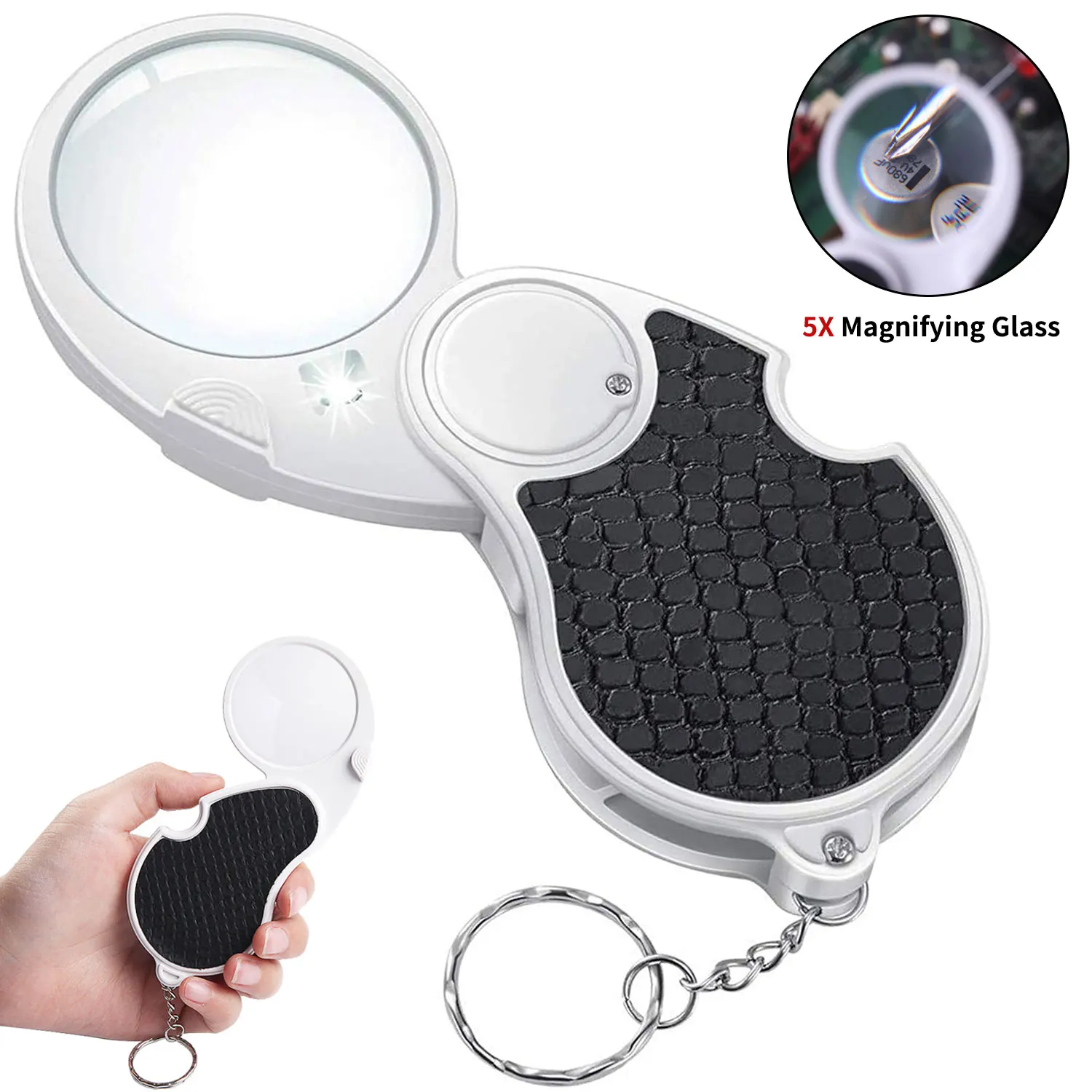 5X Handheld Magnifying Glass with LED Light Pocket Jewelry Loupe Keychain 45mm Illuminated Coins Magnifier for Jewelers Senior