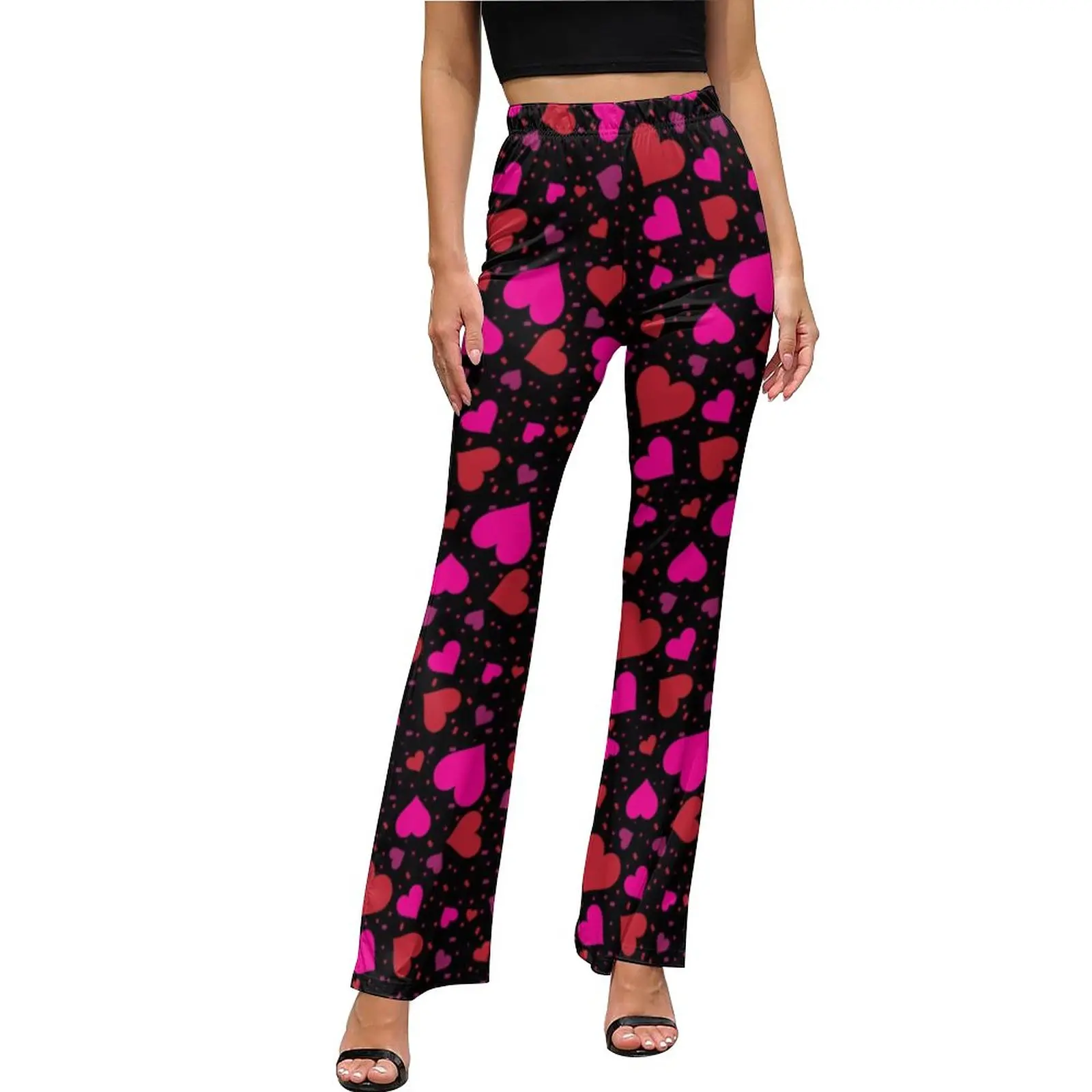 Heart Confetti Pants Elastic Waist Pink Valentines Day Streetwear Flare Pants Summer Casual Pattern Oversize Trousers