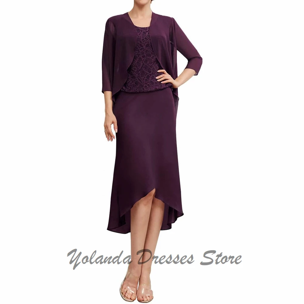 

Customized 2 Pieces Mother of The Bride Dresses Lace Formal Evening Gown Knee Length Wedding Guest Dress Scoop Neck 3/4 Sleeves