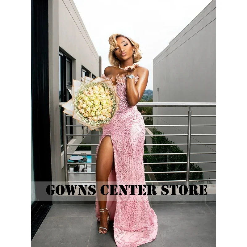 

Sparkly Sequins Crystals Mermaid Prom Dresses Customized Sexy Side Slit Evening Gown Aso Ebi African Wedding Party Dresses