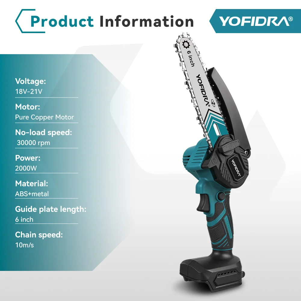YOFIDRA Mini 6 Inch 10m/s Electric Chainsaw 30000RPM Cordless Woodworking Tree Branches Cutter Power Tool For Makita Battery Pin