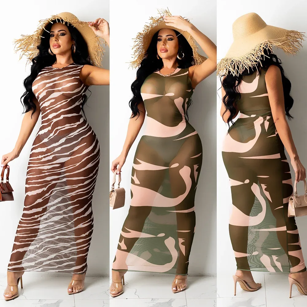 Robe longue de plage en maille transparente, sexy, imprimée, à la mode, streetwear, 2024