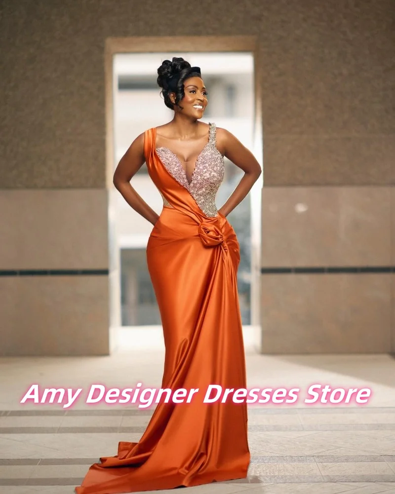 Robes de soirée en Satin Orange pour occasions formelles, robe de soirée de mariage sirène à bretelles, robe de soirée de luxe pour femmes africaines personnalisées