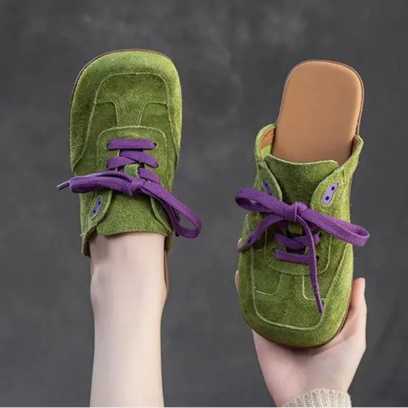 

2,5 см этнические модные тапочки из 100% коровьей замши из натуральной кожи, летние удобные женские туфли без шнуровки с круглым носком на плоской подошве для отдыха, женская обувь