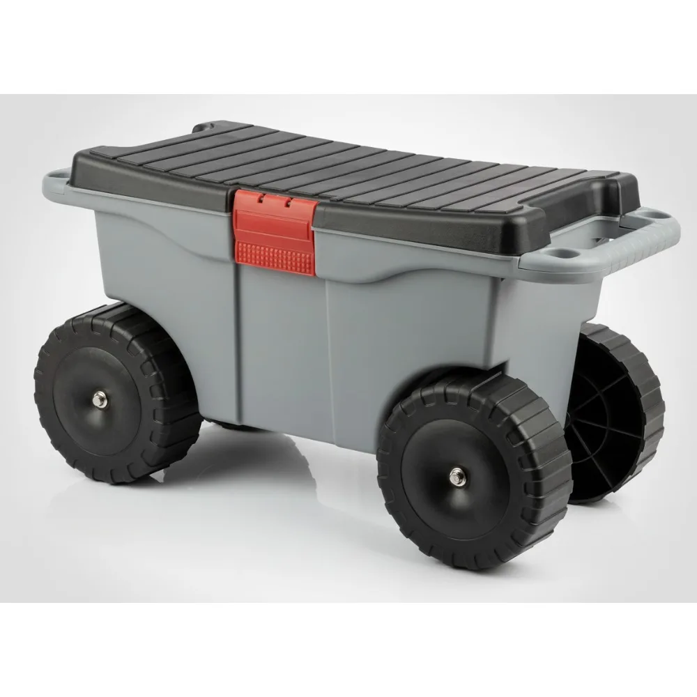 

Rolling Garden Cart with Seat - Durable Plastic Storage Bench & Tool Tray for Weeding Planting Gardening