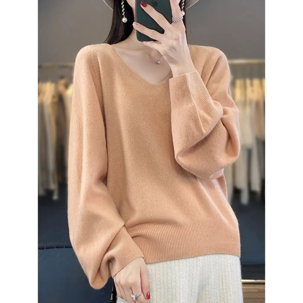 

Женский свитер из 100% шерсти с v-образным вырезом, вязаный топ с рукавами-фонариками, большой размер, осенне-зимняя нижняя рубашка, ленивая верхняя одежда