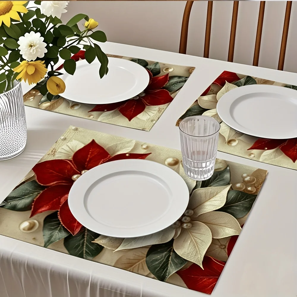 VIKAMA Red White Poinsettia Pearl Placemat Green Leaf Gold Table Placemat Dinner Mats Elegant Cozy Holiday Dinner Party