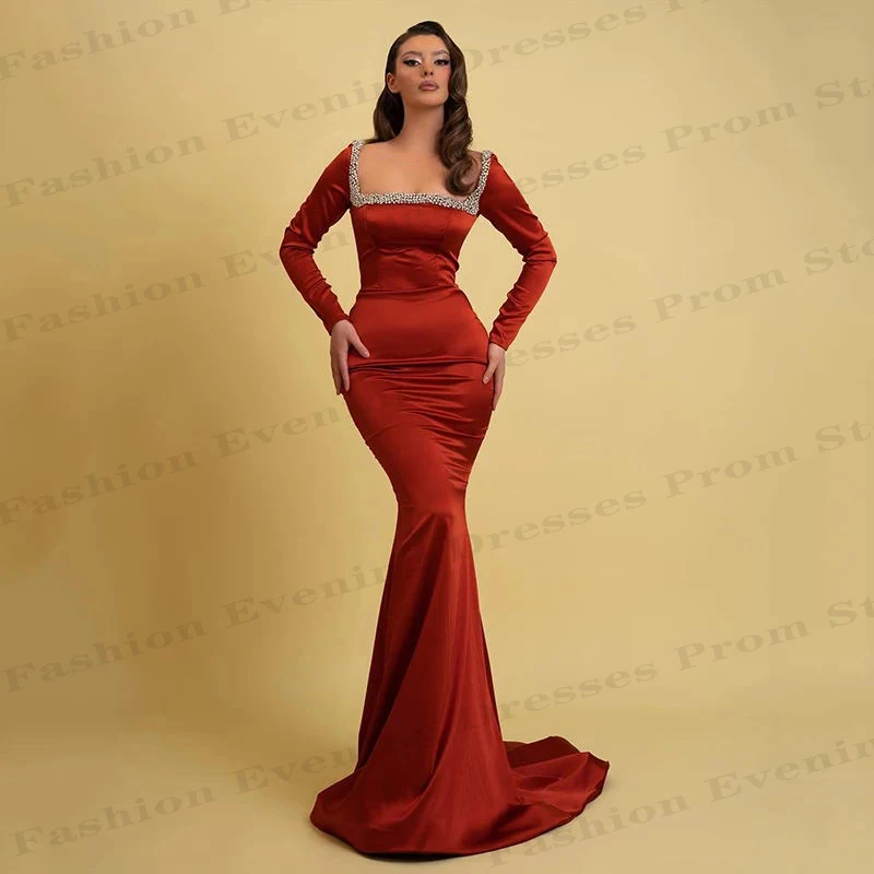 Sexy Beautiful Long Evening Dresses Gorgeous Satin Beading Elegant Square Neck Long Sleeves Slimming Mopping Prom Gowns 2024