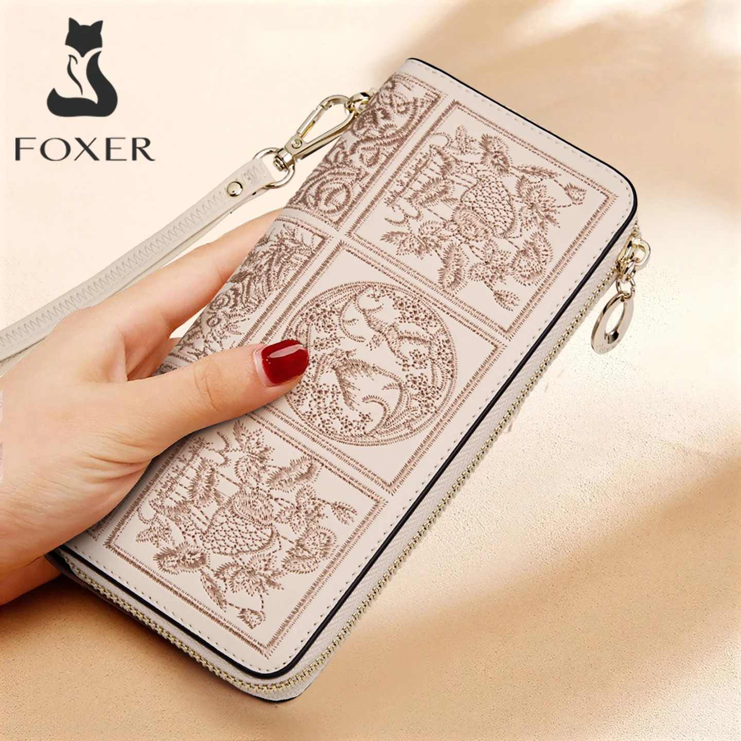 FOXER Women Long Wallet Chinese Style Embroidery Split Leather Zipper Lady Card Holder Purse Large Capacity Phone Bag as Gift