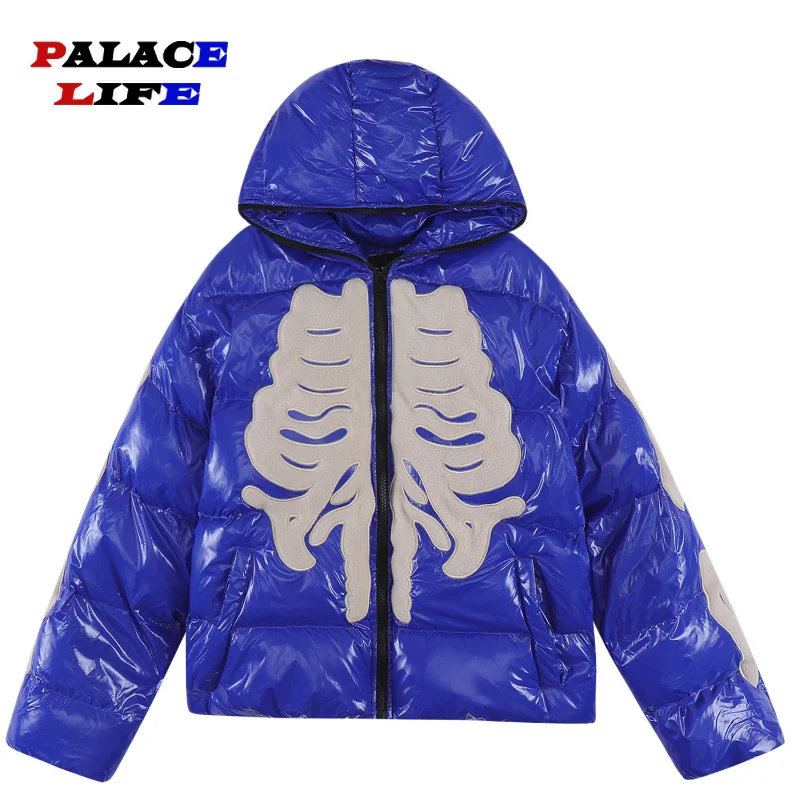 Winter Bright Skeleton Patch Parka Men Hip Hop Street Harajuku Y2k Thicken Warm Padded Coats Loose Windproof Coat Unisex