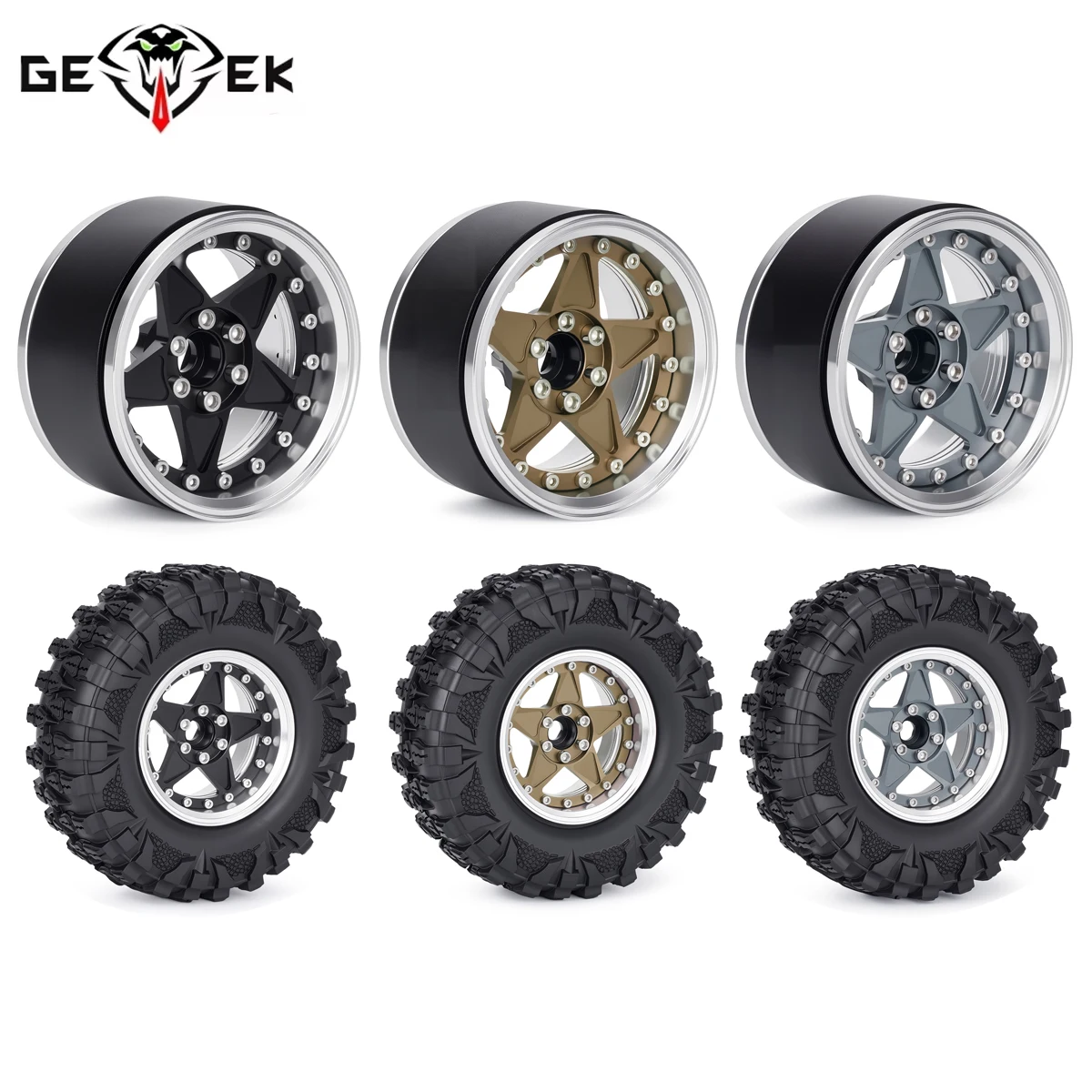 Aluminium 2,2-Zoll-Beadlock-Felgen mit 12-mm-Sechskant und Reifen für 1/10 RC-Crawler Axial SCX10 90046 Wraith Capra D90 TRX4 TRX6 DIY