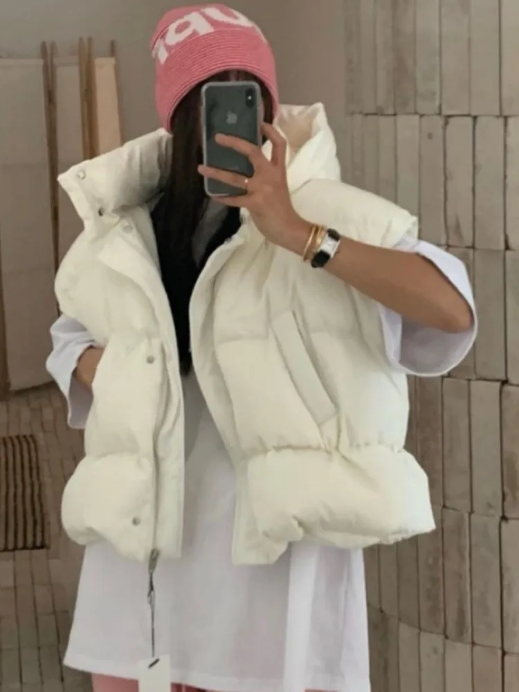 

Retro Style Thickened Cotton Vest Jacket Hooded Waist-Cinching Removable Cap Casual Loose Women's Outerwear Spring Autumn