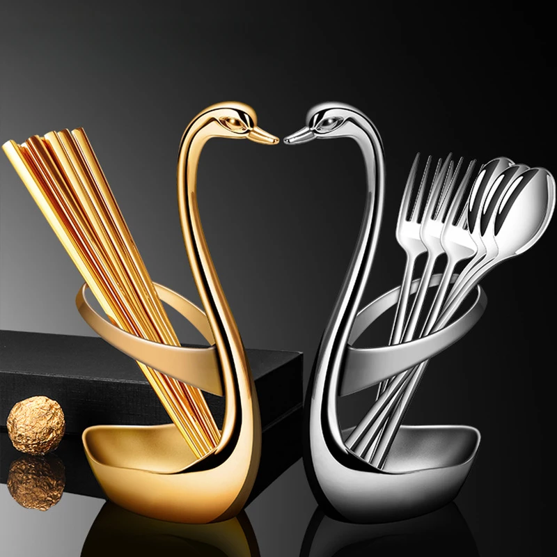 Swan Base Fruit Fork Stainless Steel Chopsticks Rack Combination Restaurant Hotel Ornaments Tableware Storage Rack