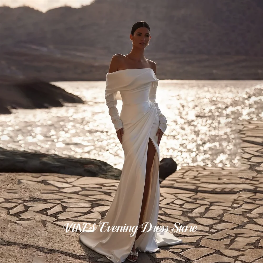 

VINES White Evening Dress Off Shoulder Mermaid Prom Gown Ruched Long Sleeve Party Dress High Slit فستان سهرة Customized