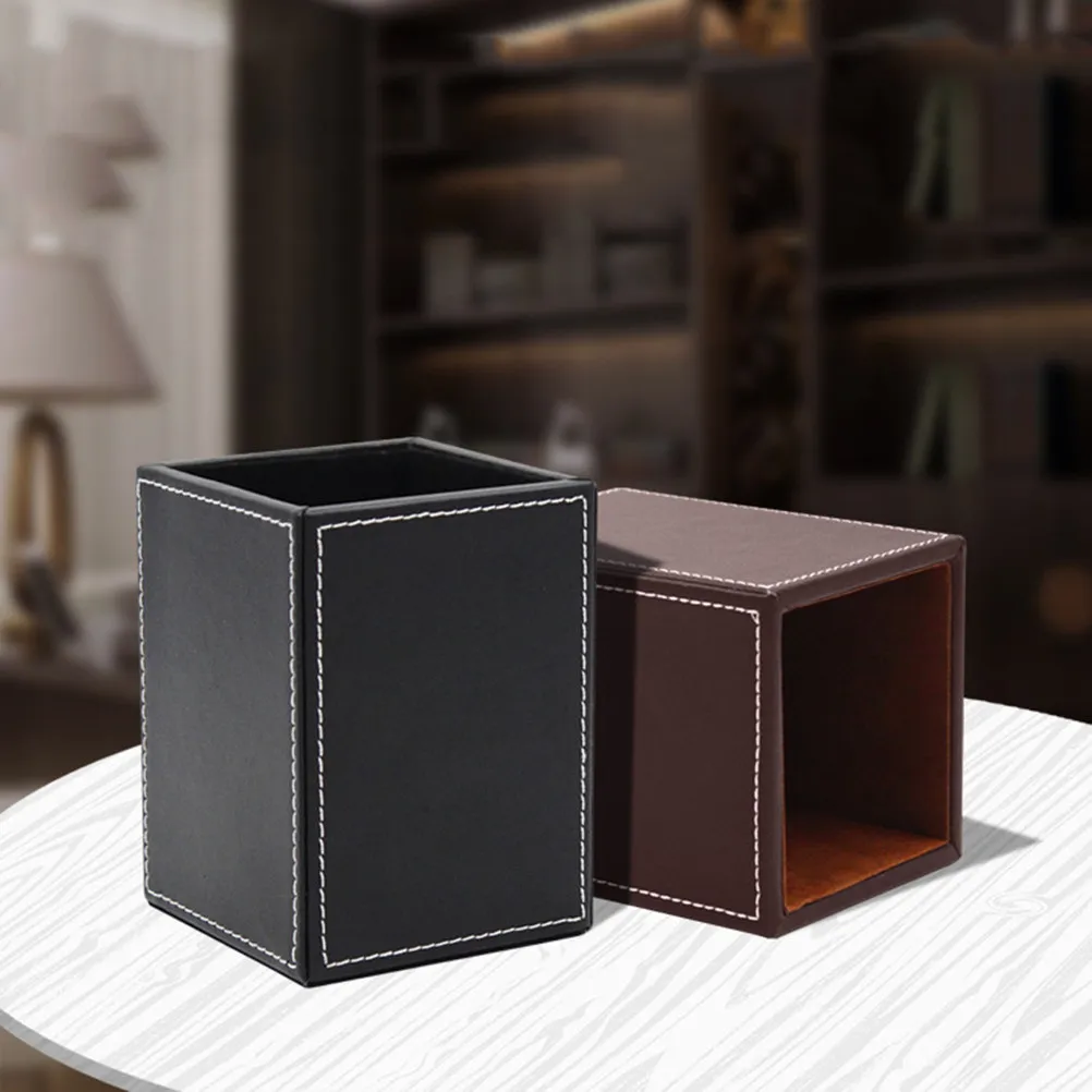 

1Pcs PU Pen Holder Simple Stylish Desktop Organizer Office Storage Container Square Brown Pen Holder Desk Supplies