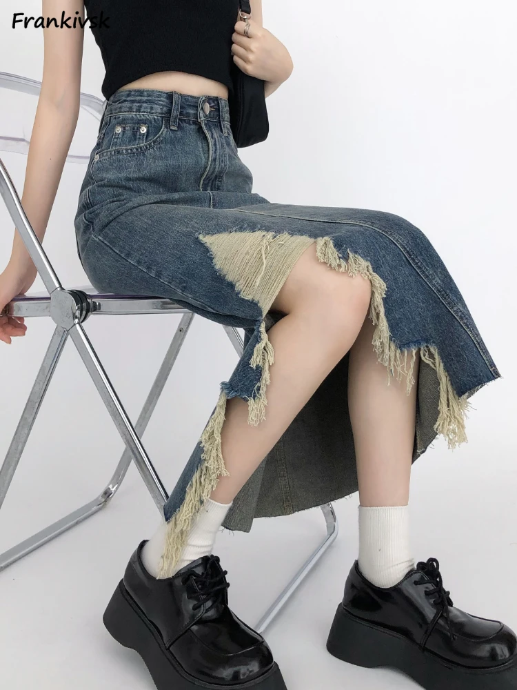 

Skirts Women Tassel Denim A-line Simple Summer High Waist Slim Fit All-match Leisure Elegant Retro Japanese Style Comfortable