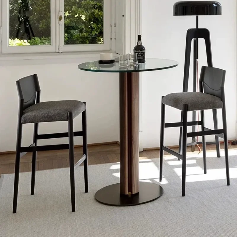 Italian Bar Chair Solid Wood Household Saddle Leather Island Table White Wax Wood Nordic Front Desk High Feet Stool