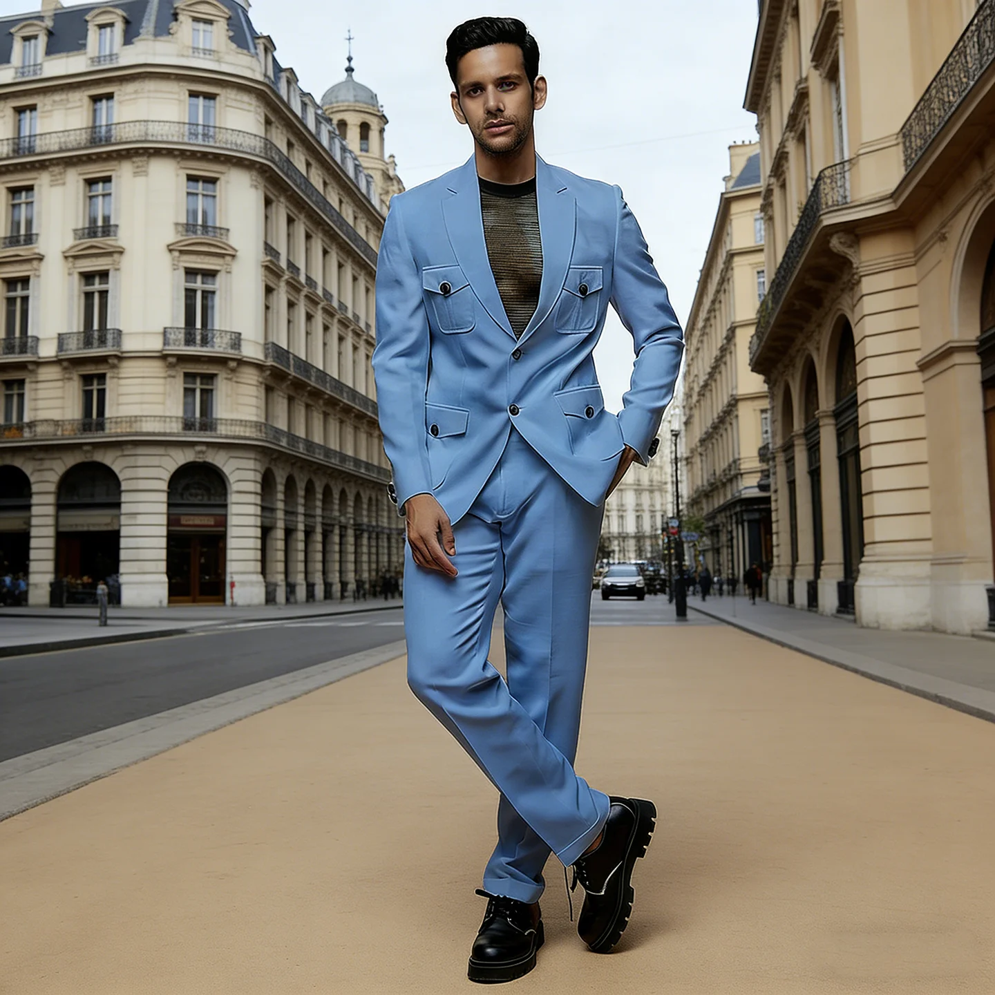 Casual Blue Men Suits 2 Piece Sets Business Safari Jacket Single Breasted Slim Fit Multi-Pocket Wedding Groom Customized