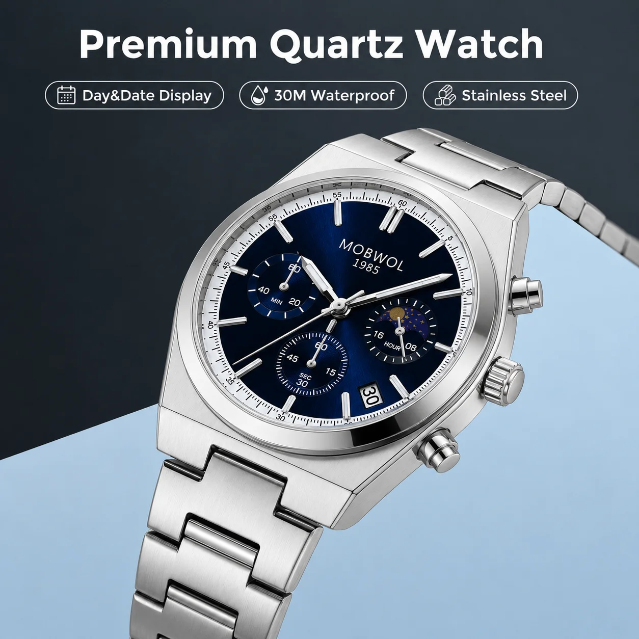 

MOBWOL Men's Quartz Watch Waterproof Stainless Steel Wristwatch with Day Date Function Top Brand Fashion Male Clock Reloj Hombre