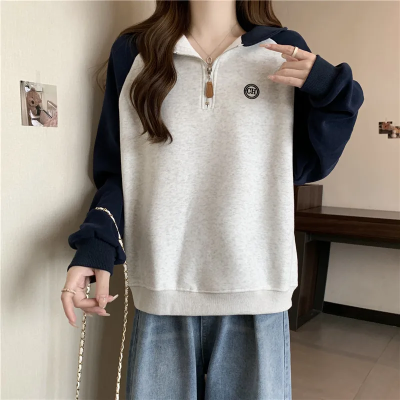 2023 Koreaanse Stijl Vintage Lente Herfst Vrouwen Klassieke Contrast Kleur Hoodies Pullover Revers Lange Mouw Dames Sweatshirts