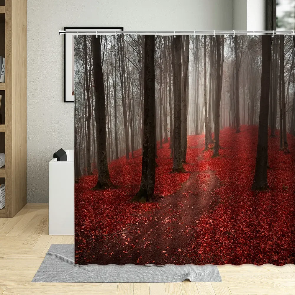 Autumn Red Leaves Nature Forest Landscape Bathroom Decor Screen Waterproof Polyester Fabric Shower Curtain With Hooks Curtains