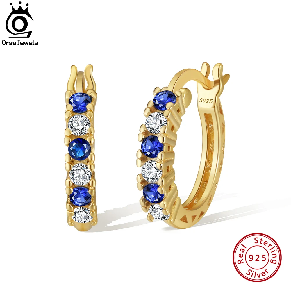 

ORSA JEWELS Sparkling Round Zircon Earring 925 Sterling Silver for Women Jewelry Sapphire Blue Hoop Earring Accessories SE362