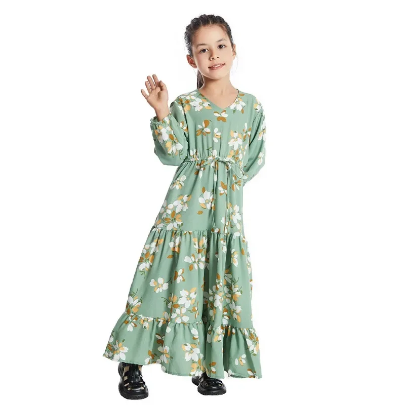 Bohemian Kids Girls Blumen kleid Muslim Kaftan Islamic Abaya Türkisch Arabisch Robe Kleid V-Ausschnitt Langarm Taille bedrucktes Kleid