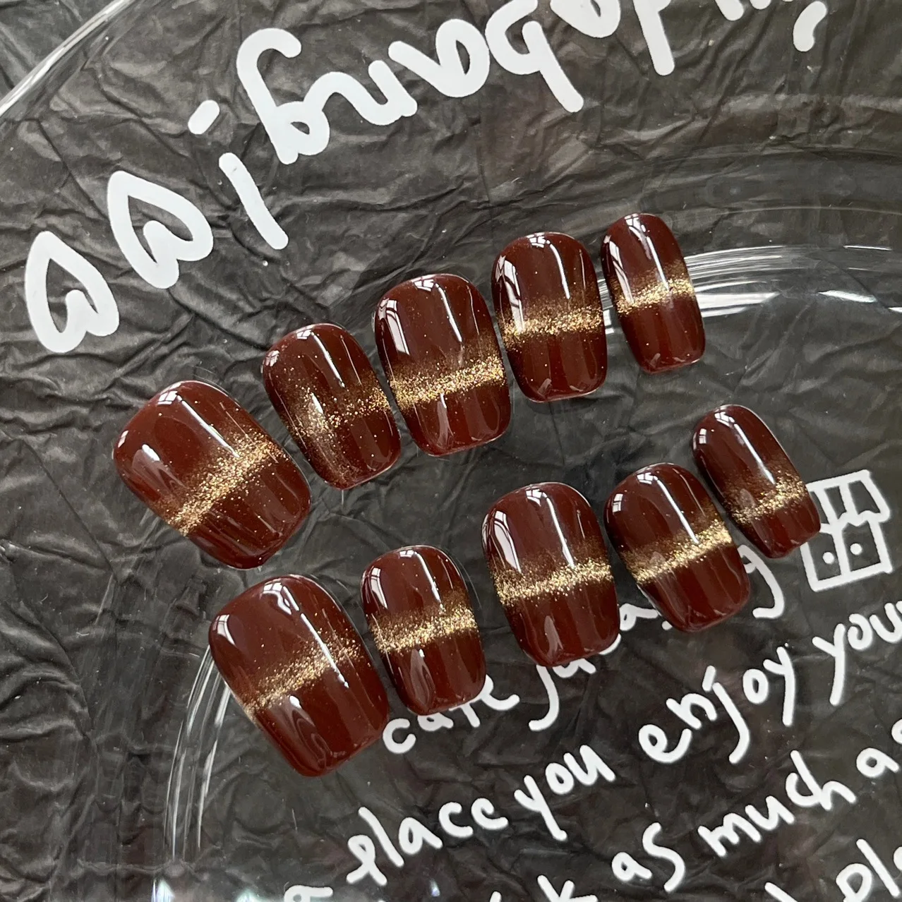 

10pcs Handmade Press on Nail Chocolate Glitter Cat-Eye Short Square False Nail for Women&Girl Detachable Wearable Fake Nail Art