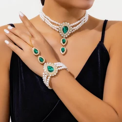 Imitation Pearl Beads with Green/Transparent Crystal Choker Necklace for Women Charms Collar Wedding Accessories Fashion Jewelry