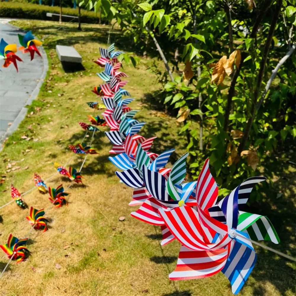 10개입 컬러풀한 6잎 바람개비 플라스틱 수제 줄무늬 원형 와이어 로프 바람개비 야외 DIY 장식용 바람개비