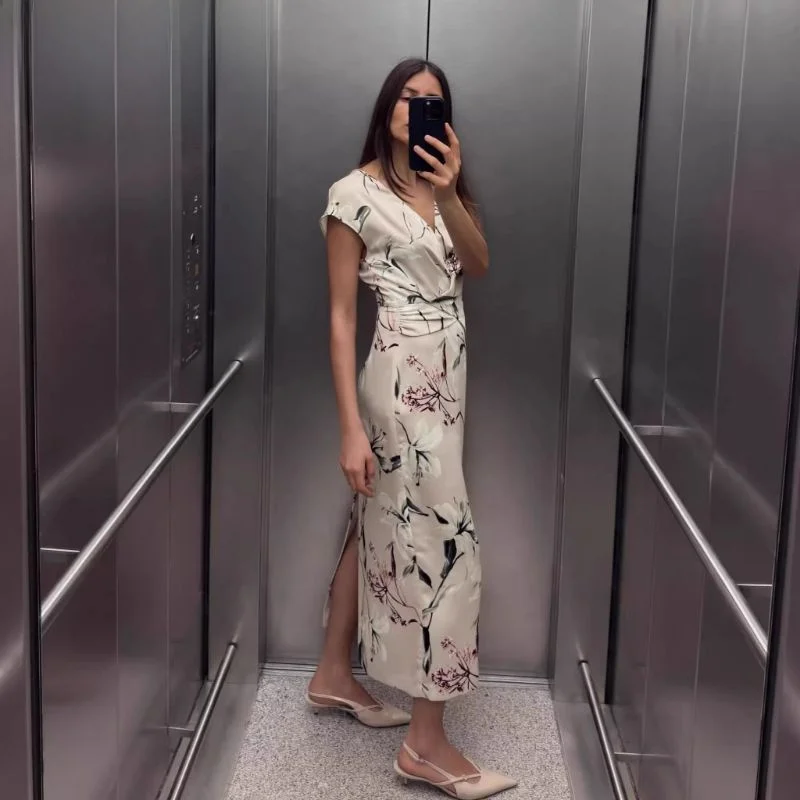 Primavera Estate 2025 Nuova gonna lunga da donna in raso di seta con stampa floreale ort Sve V-Ne Dr a vita alta per pendolari