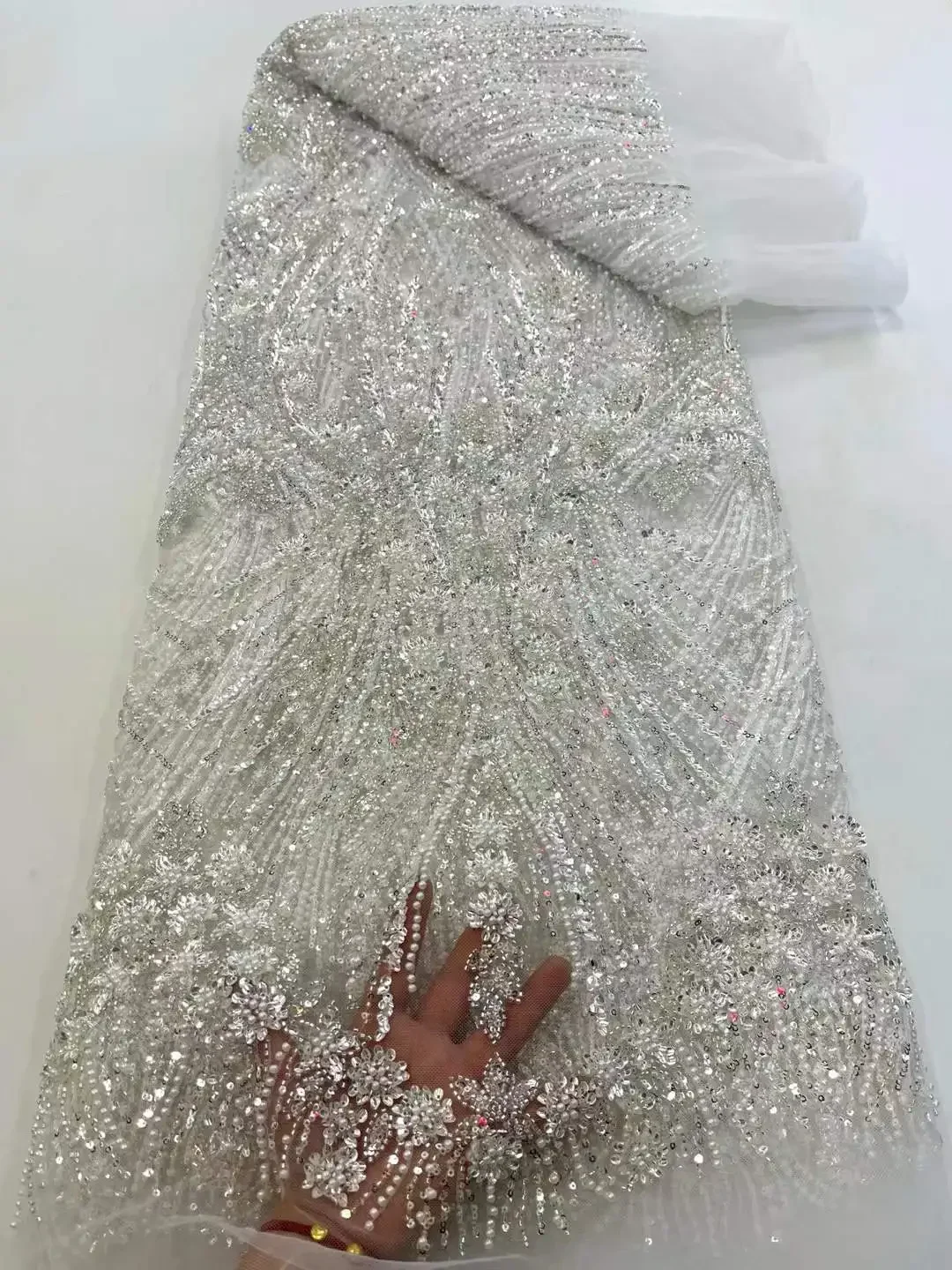 

HOT Luxury Nigerian Sequins Stones Lace Fabric 2025 High Quality Tulle Embroidery Groom Fabrics For Wedding Dress Sewing SZ706