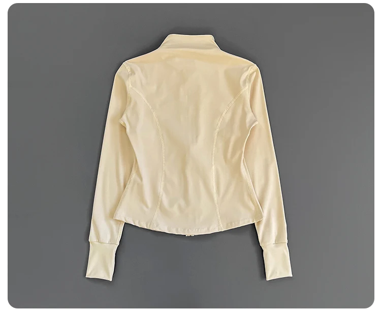Damen Slim Fit Yoga-Jacke mit Stehkragen, Reißverschluss, Daumenlöchern, langen Ärmeln, für Laufen, Fitness und Sport. – Detail 10