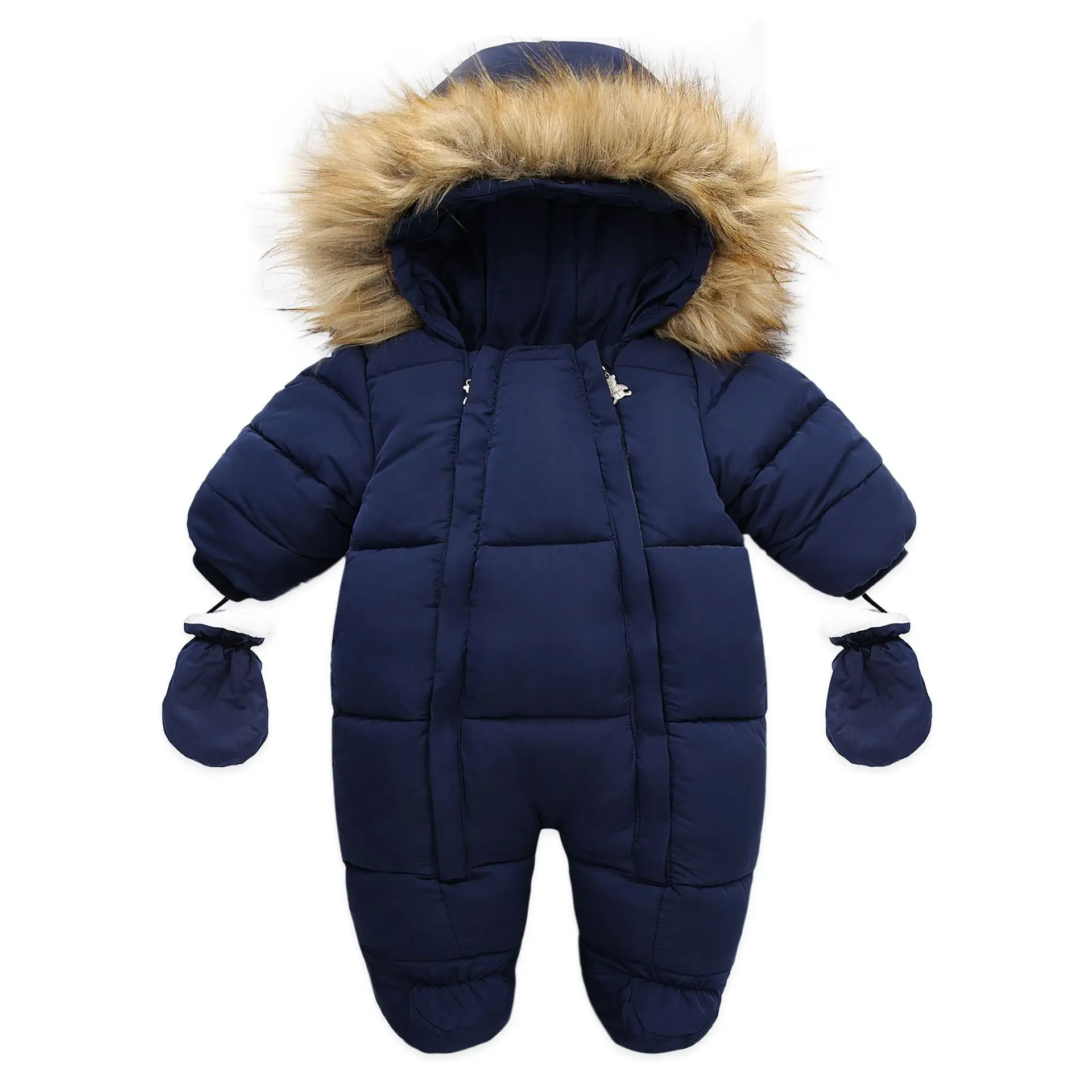 Winter New Baby Boy Clothes Solid Colour Fur Collar Hooded Padded Thickened Feet Jumpsuit Warm Baby Girl Clothes Newborn Romper