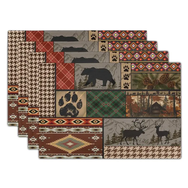 VIKAMA Rustic Wildlife Placemats Bear Elk Paw Print Patchwork Plaid Table Mats Heat‑Resistant Washable Cabin Home Decor