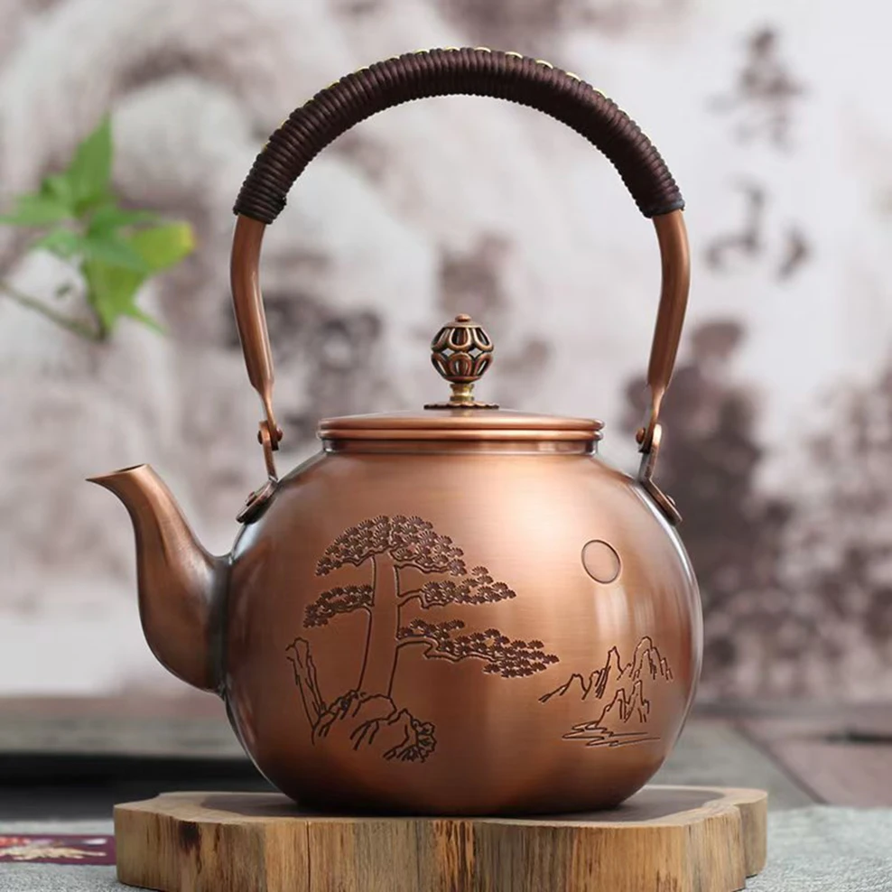 Chinese copper boiling water kettle, Handmade purple copper tea kettle, Red copper warm wine pot, Large capacity teapot, 1300ml