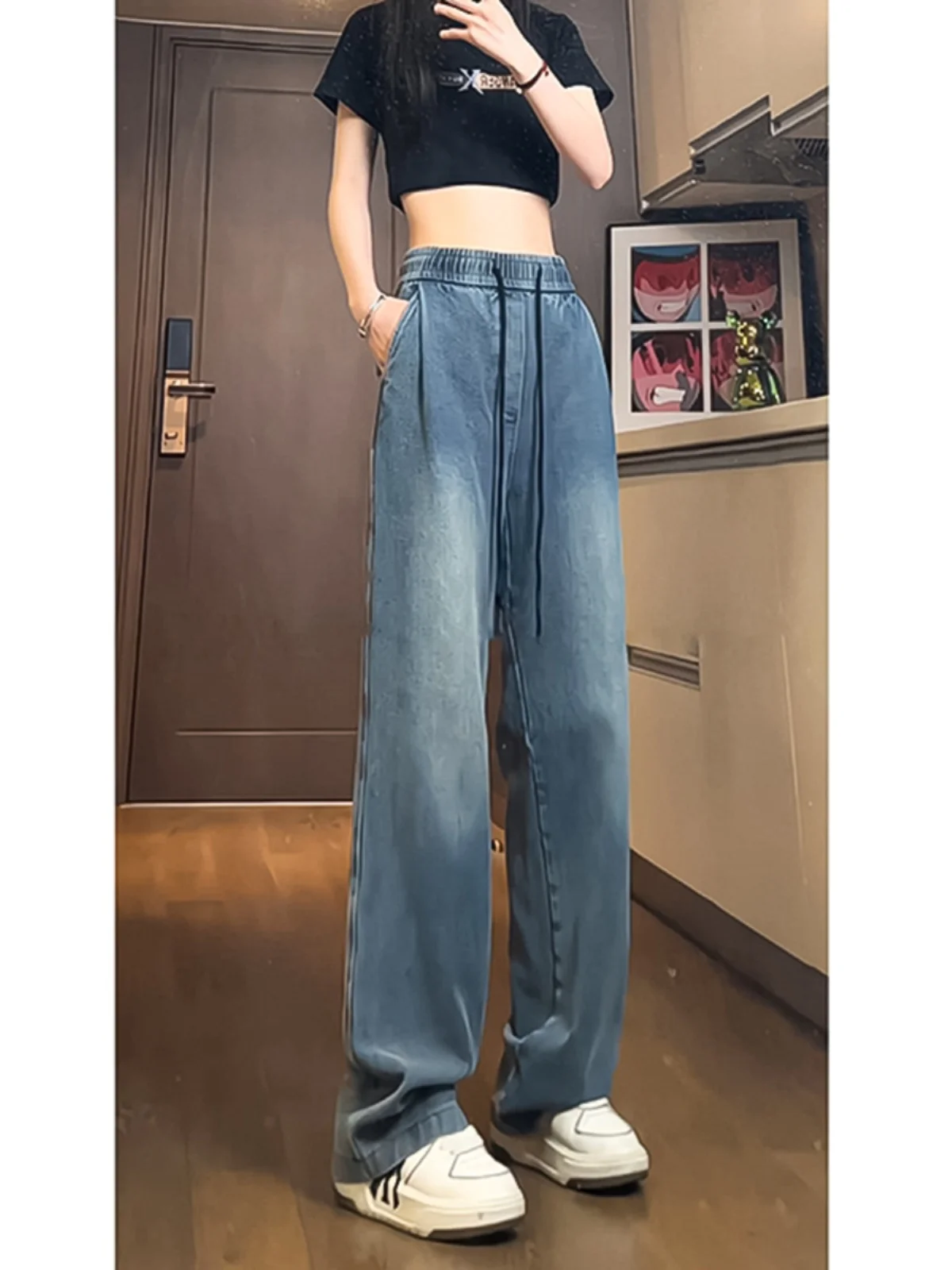 

American Sle High Waist Wide Leg Jeans for Teens Starry Pattern Straight Cut Trousers Youthful Trendy Cotton Blend Denim