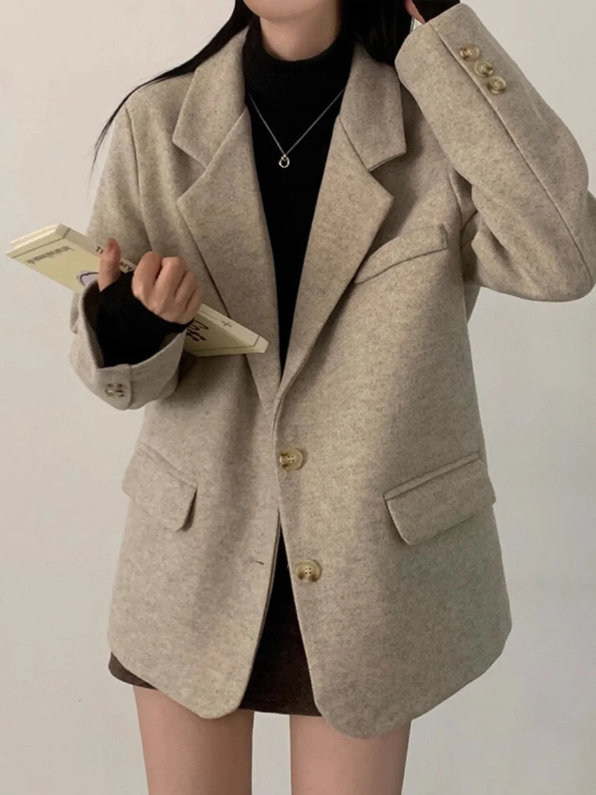 Chique winter dames wollen pak Jaet Briti Retro Sle ort bovenkleding revers enkele knop lange Sve losse pasvorm jas
