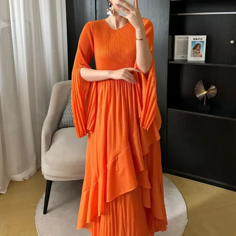 

Miyake Pleated Dress Women 2024 Spring New Elegant Temperament Ageing High-end Pleated Ruffle Sleeve Mid-length Skirt Clothing