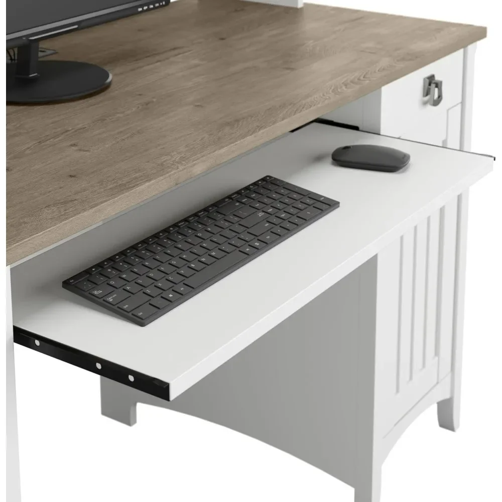 Study Table with Drawers, Cabinets & Pullout Keyboard/Laptop Tray| Office Desk in Pure White and Shiplap Gray | Work Study Desk