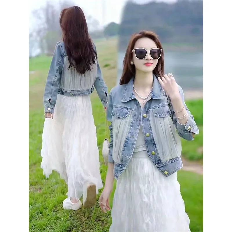 Spring And Autumn New Korean Version Of The Mesh Stitching Denim Jacket Women's High-Grade Single-Row Metal Buckle Top XQ238