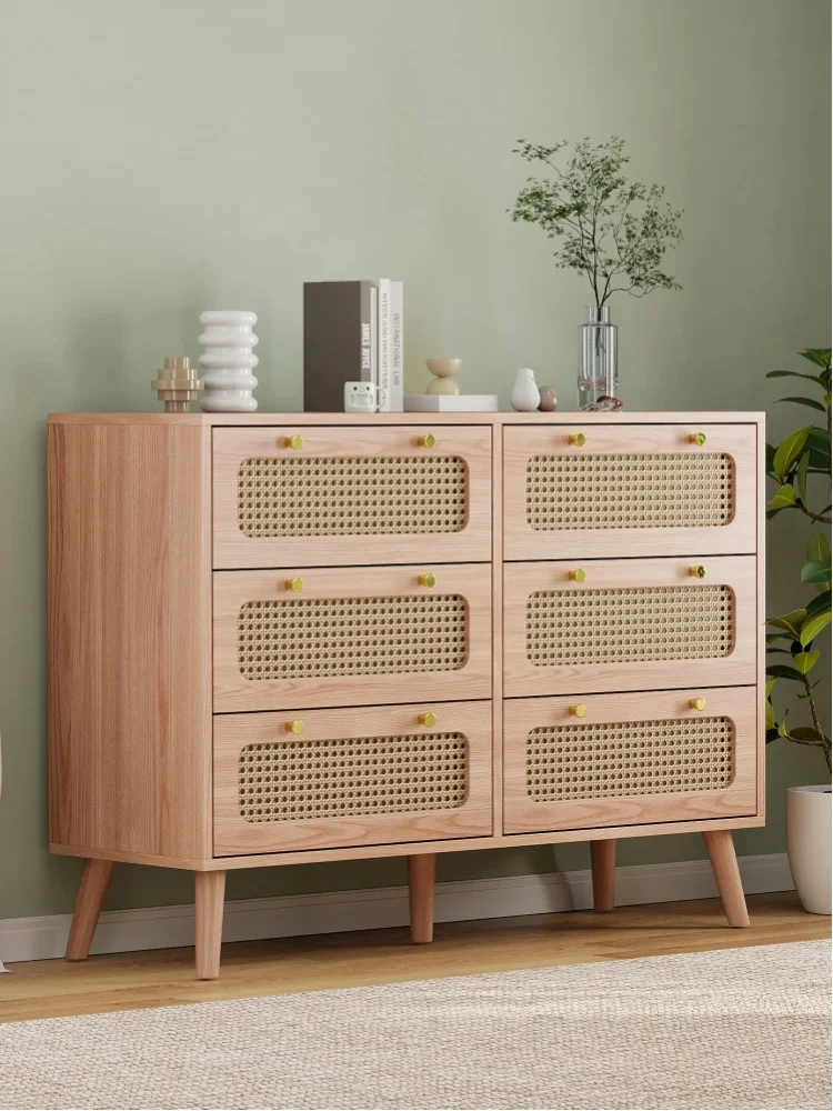 Anajqaqia Holz-Rattan-Kommode mit 6 Schubladen, Breite Schubladenkommode mit Kippschutz, Holz-Aufbewahrungsschrank mit Natürlichen Rattan-Schubladenfronten für Schlafzimmer Wohnzimmer