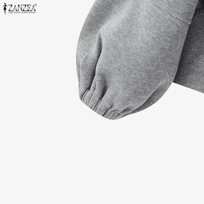ZANZEA Lässige, lockere Sweatshirts mit Laternenärmeln, Damenmode, Rüschenbesatz, O-Ausschnitt, Reißverschluss, Kapuzenpullover, einfarbig, Damenkleidung, 3XL
